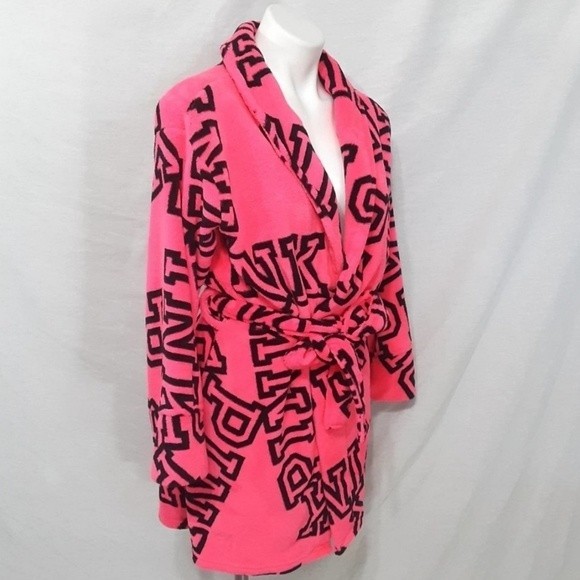 PINK Victoria’s Secret Pink Plush Spa Robe XS/S Soft Cozy Cuddly Fleece Monogram - Picture 3 of 5